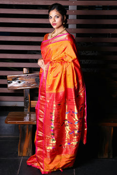 Paithani Weave with Peach and Gold Border with Double Pallu
