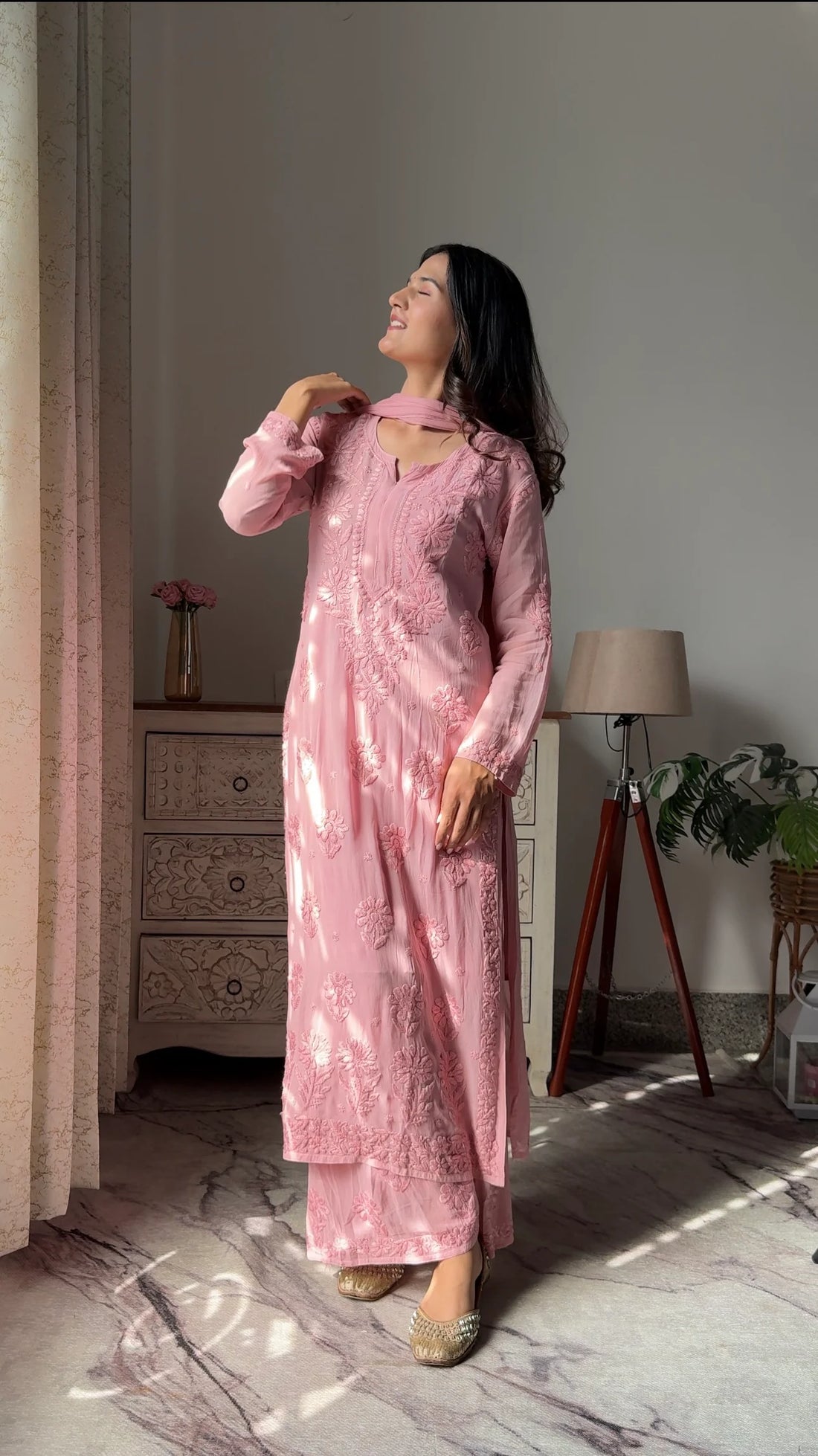 Mocha Blossom Viscose Georgette Straight Chikankari Kurta Set