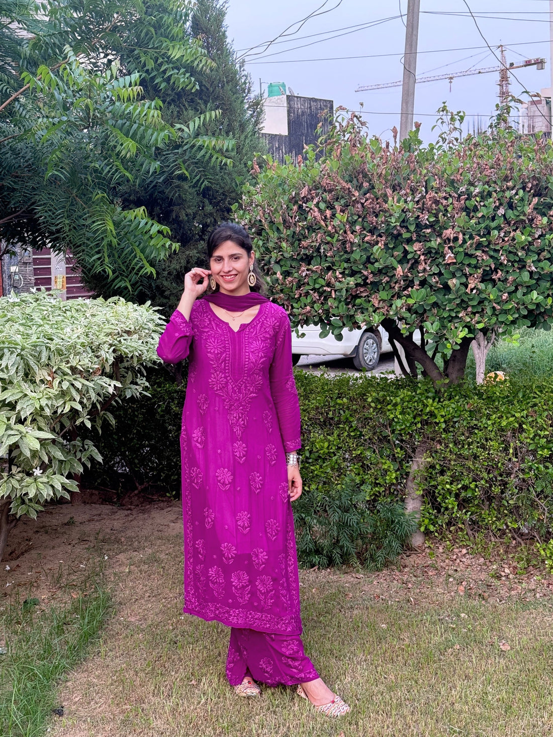 Mocha Blossom Viscose Georgette Straight Chikankari Kurta Set