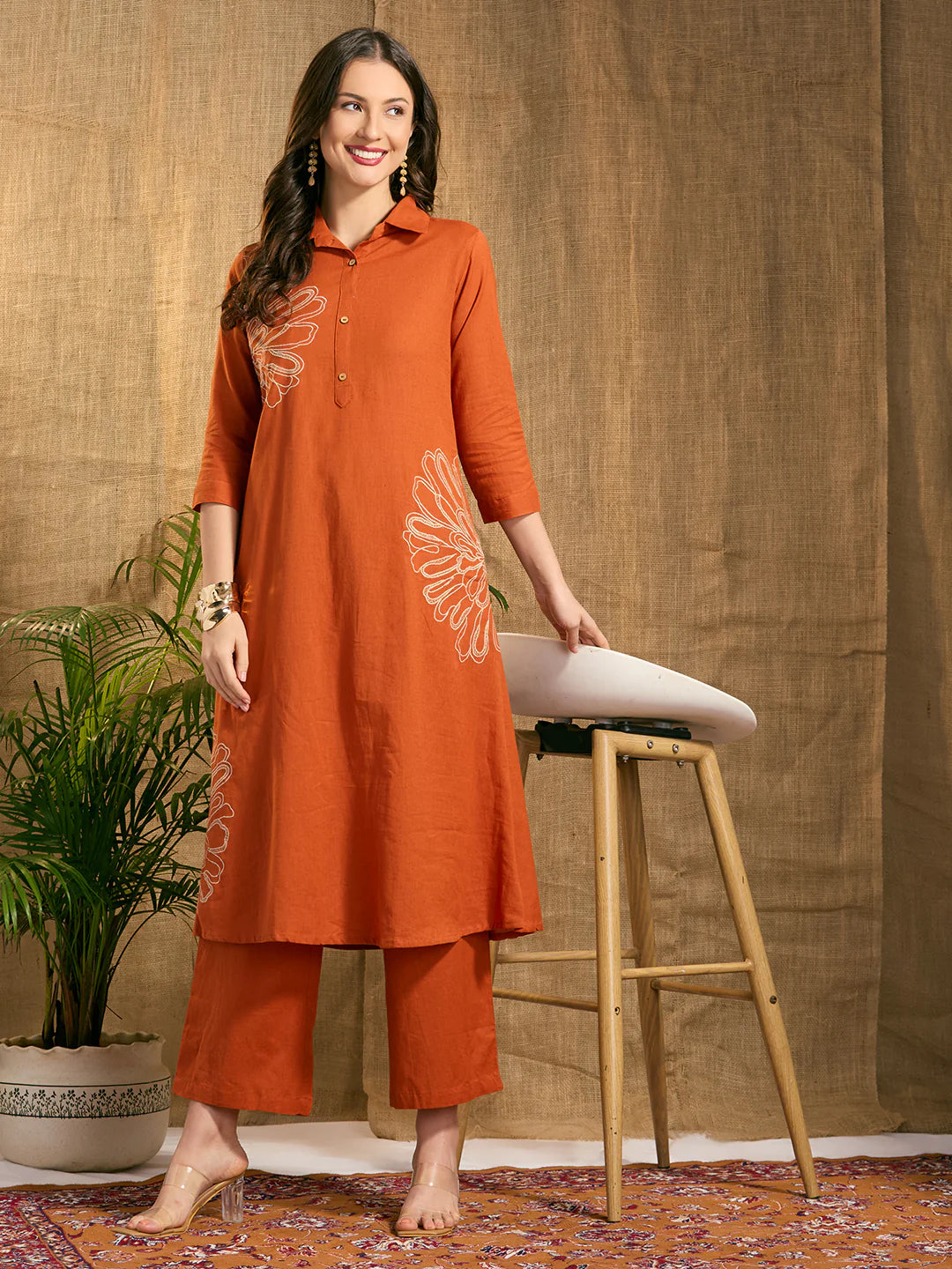 Rust Cotton Floral Embroidered Co-Ord Set