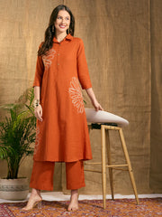 Rust Cotton Floral Embroidered Co-Ord Set