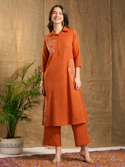 Rust Cotton Floral Embroidered Co-Ord Set