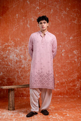 Pastel Pink Cotton Chikan Mirror Kurta