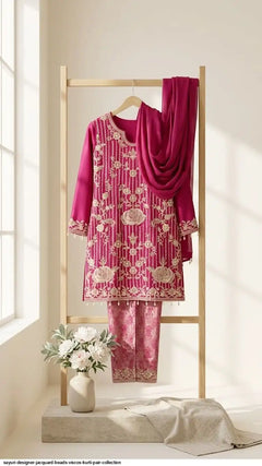 Meher Noor Designer Jacquard Kurti & Bottom Set