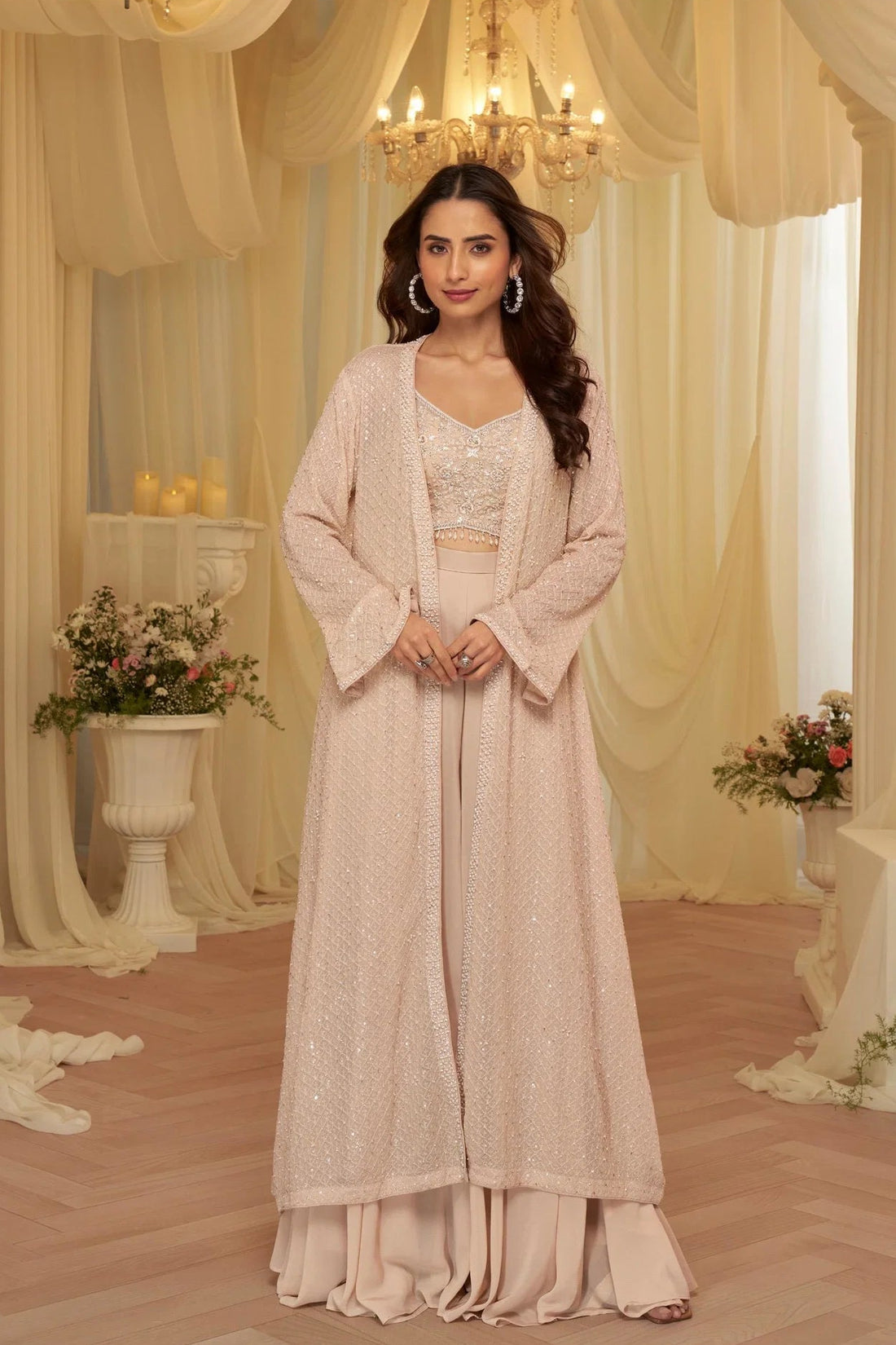 Ivory Embroidered Blouse, Palazzo & Jacket Set