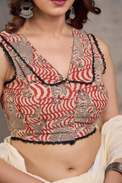Rust Cotton Saree with Printed Sleeveless Blouse and Black Piping Detail