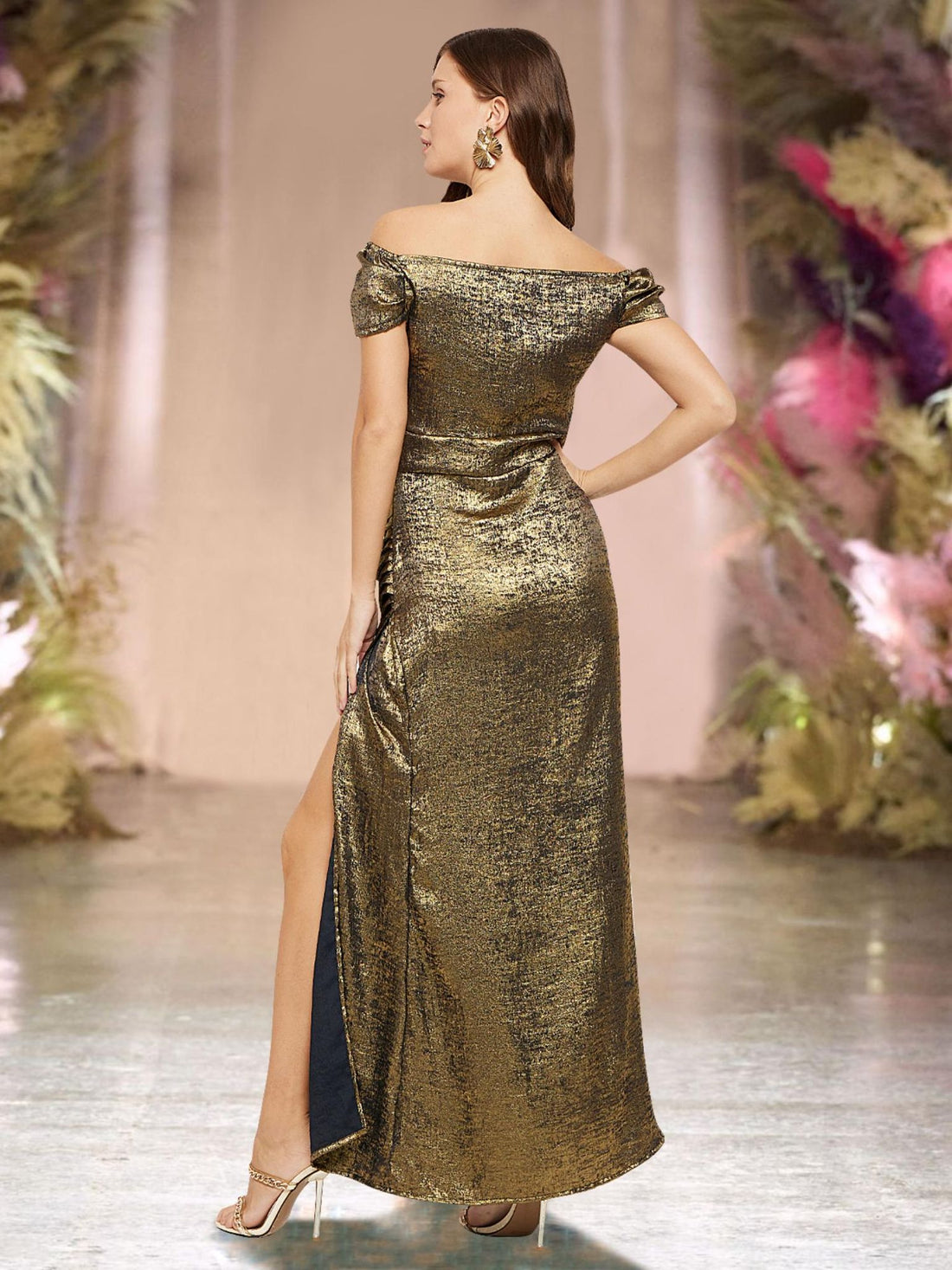 Golden Eclipse Metallic Off-Shoulder High Slit Evening Gown for Women