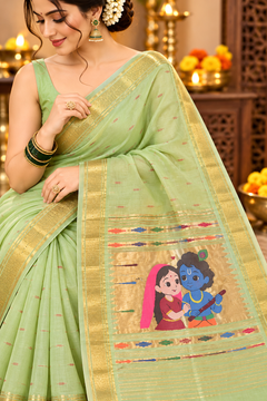 Mint Green Pure Cotton Paithani Saree with Traditional Radha Krishna Pallu & Golden Zari Border