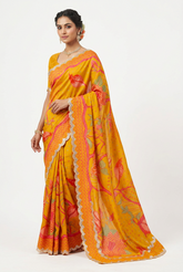Yellow Floral Muslin Printed Saree