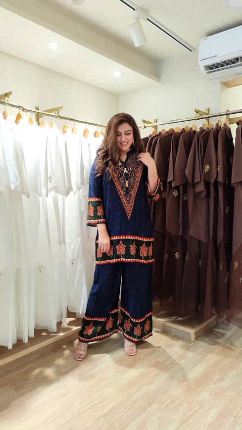 Red Ethnic V-Neck Co-ord Set with Paisley Border Detailing