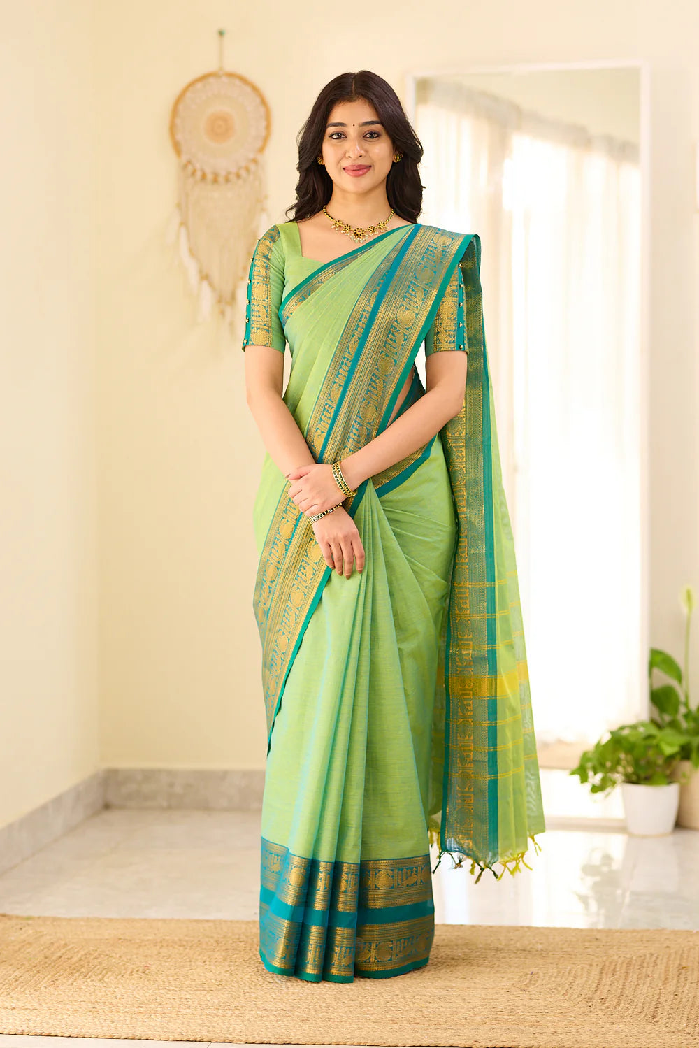 Mint Aura Chettinad Cotton Saree with Zari Border