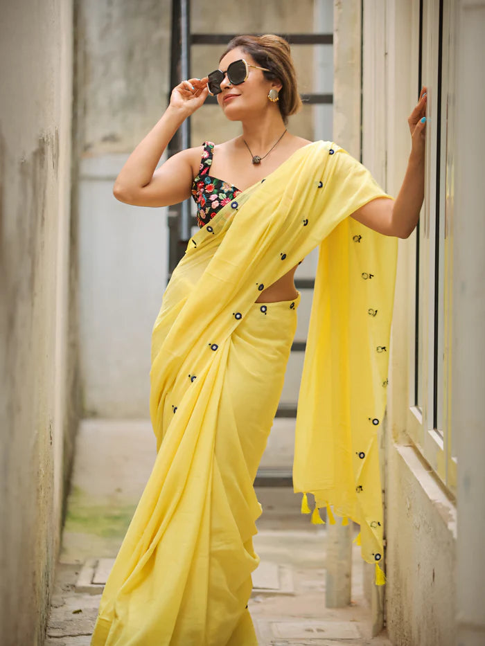 Lemon Glow Tassel Soft Mul Cotton Saree