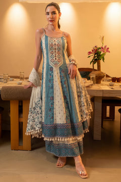 Blue Thread Embellished Cotton Blend Anarkali Set
