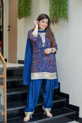 Royal Blue Printed & Lace Detailing Suit Set