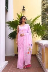 Baby Pink Embroidered Mulmul Cotton Saree- By Reet Lifestyle