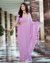 Lavender Georgette Solid Pre-Draped Saree with Blouse