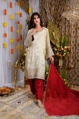 Beige And Red Tissue Kurta Set- By Reet Lifestyle
