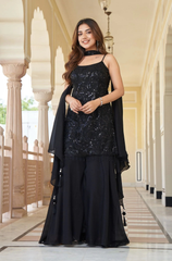 Black Viscose Piping Work Plazoo Suit