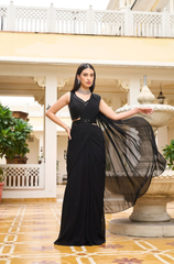 Black Net Pre-Draped Saree with Moti Work