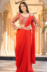 Orange Beads Work Viscose Pre-Draped Saree with Blouse