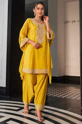 Mustard Yellow Mul-Chanderi Farshi Salwar Set