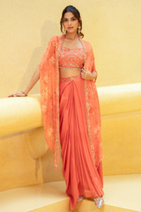 Peach Orange Chinon Skirt Set