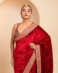 Maroon Velvet Berry Blockbuster Saree with Blouse