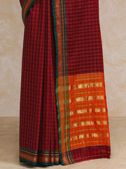 Deep Red Check Cotton Silk Kanchi Chettinad Saree With Zari Border