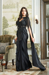 Black Chinoon Designer Pre-Draped Saree with blouse
