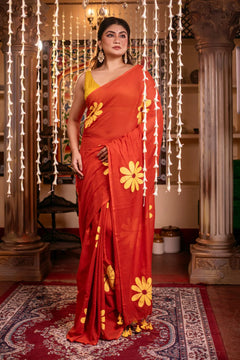 Mastaani- Pure Mul Cotton Handloom Handpainted Saree (Red)- By Reet Lifestyle