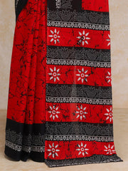 Red Black Batik Art Print Cotton Saree