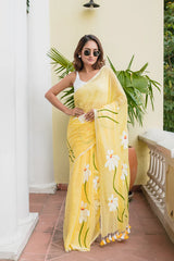 Yellow Hand Painted Mulmul Cotton Saree- By Reet Lifestyle