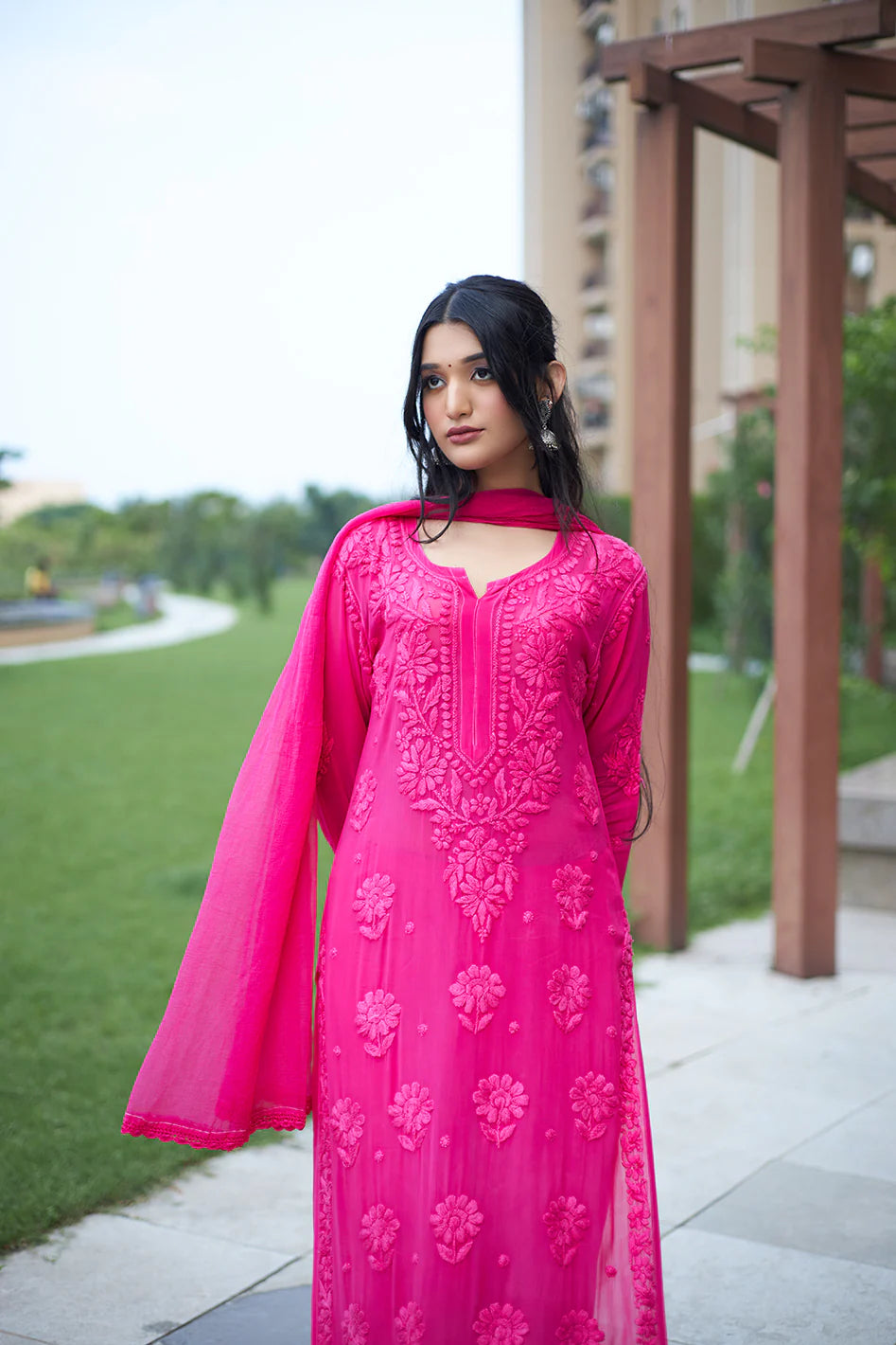 Mocha Blossom Viscose Georgette Straight Chikankari Kurta Set