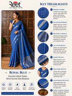 Royal Blue Viscose Crepe Saree with Silver Zari Border
