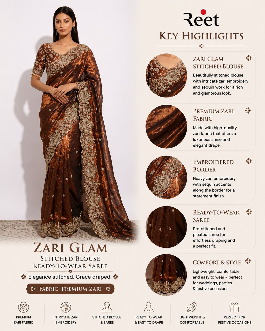 Zari Glam Stitched Blouse Ready-to-Wear Saree