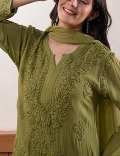 Mocha Blossom Viscose Georgette Straight Chikankari Kurta Set