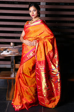 Paithani Weave with Peach and Gold Border with Double Pallu