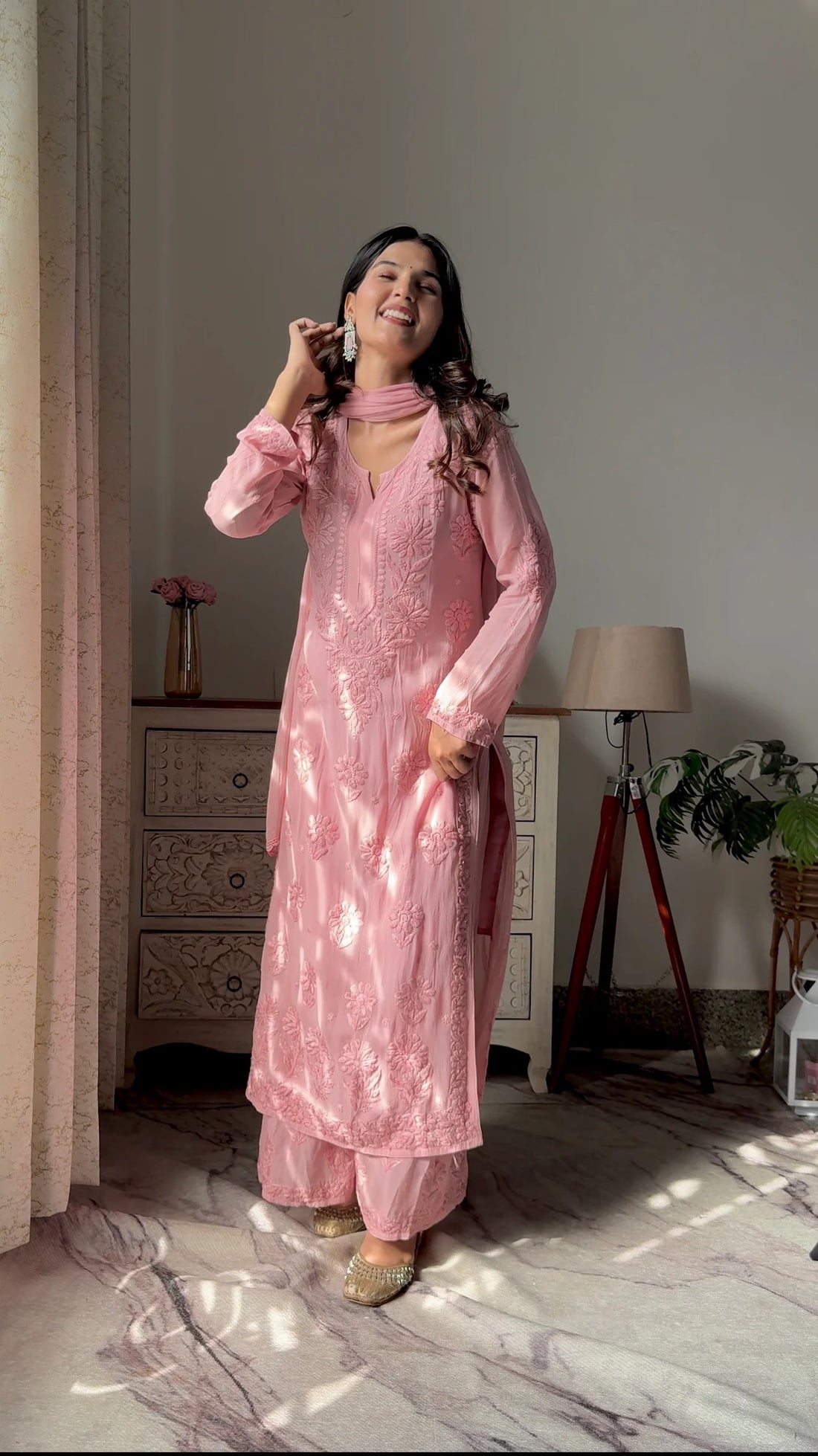 Mocha Blossom Viscose Georgette Straight Chikankari Kurta Set