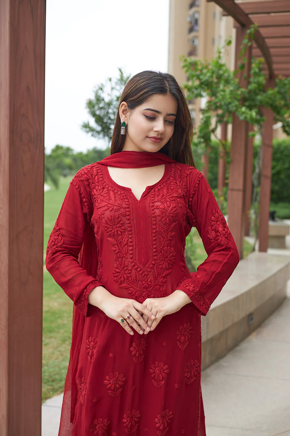 Mocha Blossom Viscose Georgette Straight Chikankari Kurta Set