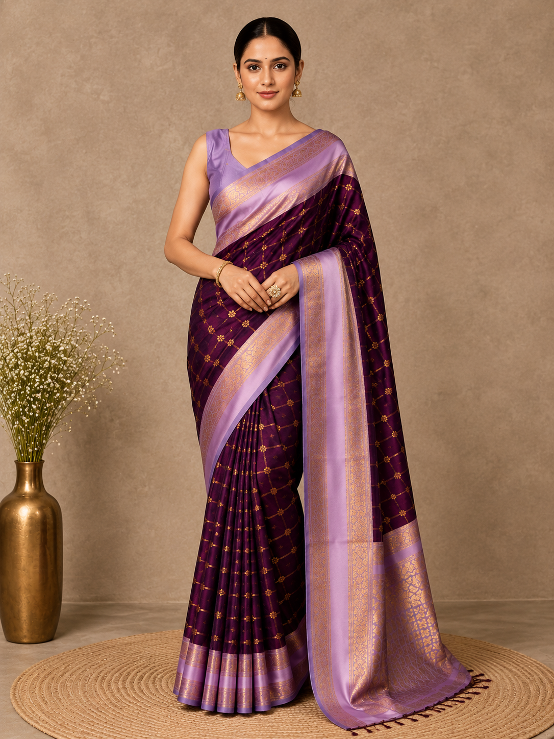 Banarasi Silk Saree with Lavender Zari Border