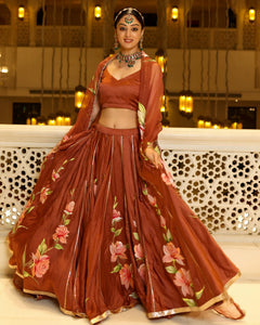 Hand-Painted Floral Satin Lehenga Set