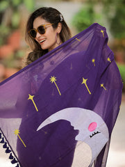 Purple Hand Embroidery Cotton Saree Mul Mul Saree