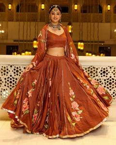 Hand-Painted Floral Satin Lehenga Set