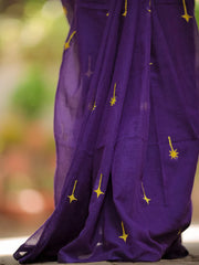 Purple Hand Embroidery Cotton Saree Mul Mul Saree