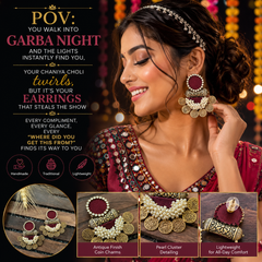 Maroon Antique Coin Chandbali Earrings with Pearl Cluster