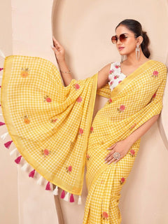 Silk Floral Checked Woven Design Border Saree