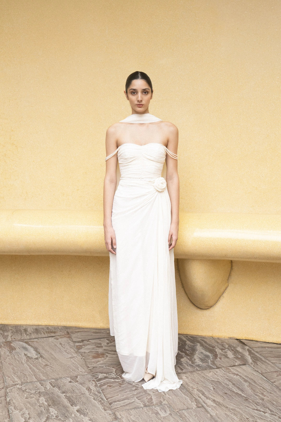 Ivory Pearl Cascade Off-Shoulder Gown
