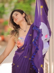 Purple Hand Embroidery Cotton Saree Mul Mul Saree