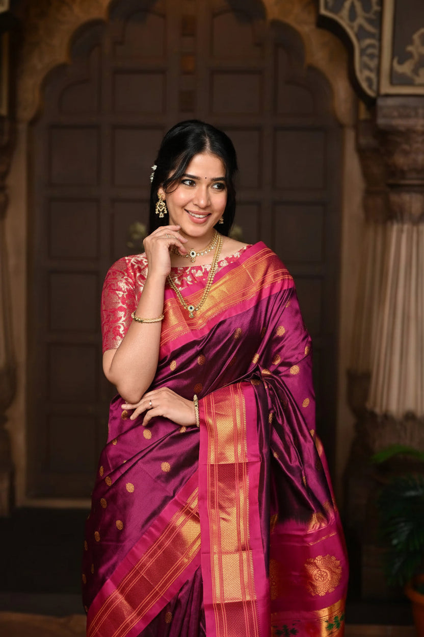 Maharani Paithani with Majestic Maharani Pallu in Wine