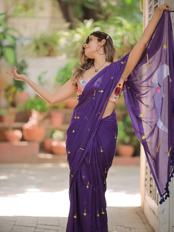 Purple Hand Embroidery Cotton Saree Mul Mul Saree